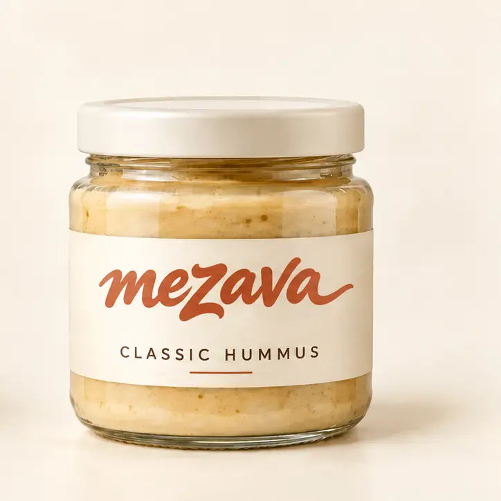 Mezava hummus 12 oz jar with chosen C logo — packaging concept
