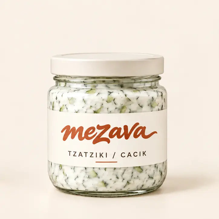 Mezava tzatziki 12 oz jar with chosen C logo — packaging concept